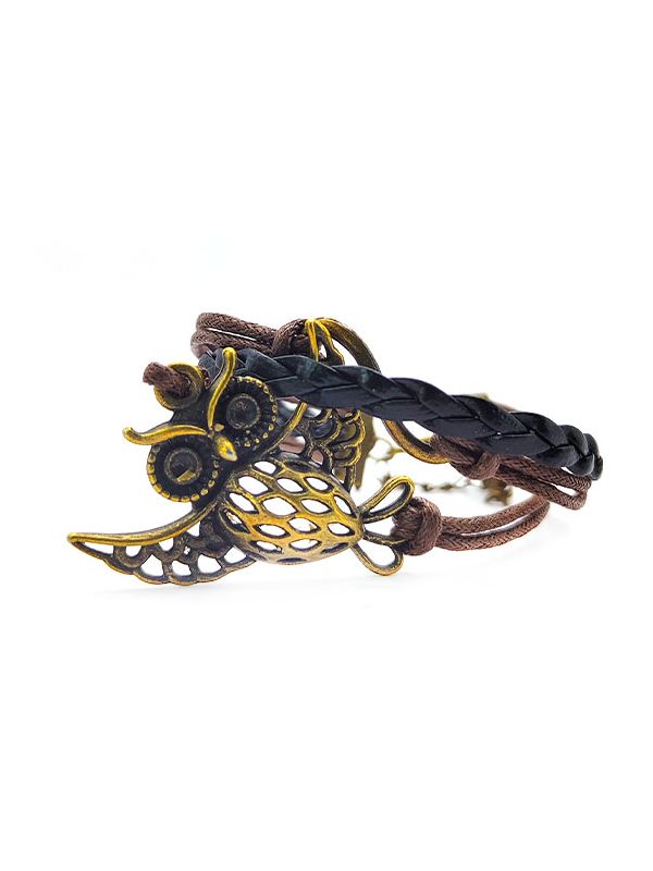 Bracelet en Simili Cuir Tressé Marron Noir  avec Charms : Signe Infini, Hibou