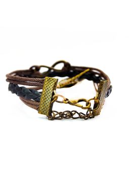 Bracelet en Simili Cuir Tressé Marron Noir  avec Charms : Signe Infini, Hibou
