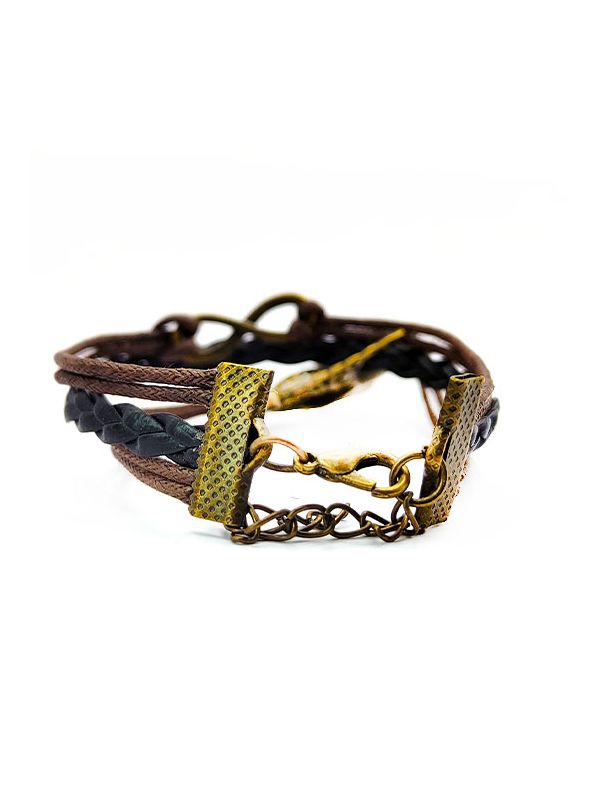 Bracelet en Simili Cuir Tressé Marron Noir  avec Charms : Signe Infini, Hibou