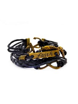 Bracelet en Simili Cuir Tressé Noir avec Charms : Signe Infini, Encre Marine, Hiboux, Plaque Faith