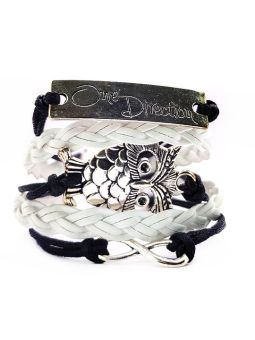 Bracelet en Simili Cuir Tressé Blanc Noir avec Charms : Signe Infini, Hiboux, Plaque One Direction