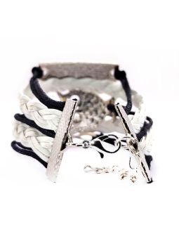 Bracelet en Simili Cuir Tressé Blanc Noir avec Charms : Signe Infini, Hiboux, Plaque One Direction