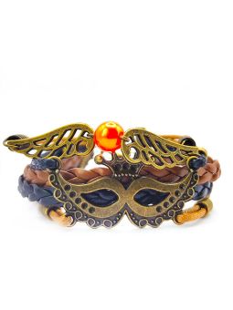 Bracelet en Simili Cuir Tressé Marron Bleu avec Charms : Maque, Couronne, Ailes, Perle