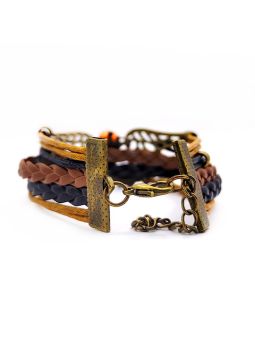 Bracelet en Simili Cuir Tressé Marron Bleu avec Charms : Maque, Couronne, Ailes, Perle