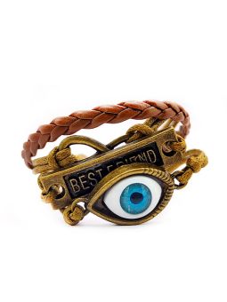Bracelet en Simili Cuir Tressé Marron avec Charms : Signe Infini, oeil, Plaque Best Friend