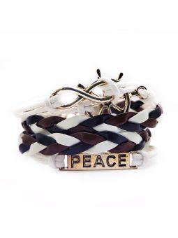 Bracelet en Simili Cuir Tressé blanc bleu avec Charms : Signe Infini, Gouvernail, Plaque peace