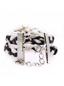 Bracelet en Simili Cuir Tressé blanc bleu avec Charms : Signe Infini, Gouvernail, Plaque peace