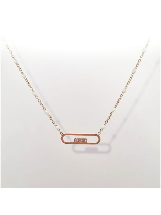Collier en Acier Inoxydable Doré, Pendentif Rectangulaire à Bords Arrondis et 3 Zircons - Design Moderne et Élégant