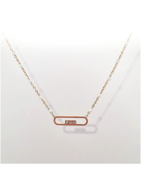 Collier en Acier Inoxydable Doré, Pendentif Rectangulaire à Bords Arrondis et 3 Zircons - Design Moderne et Élégant