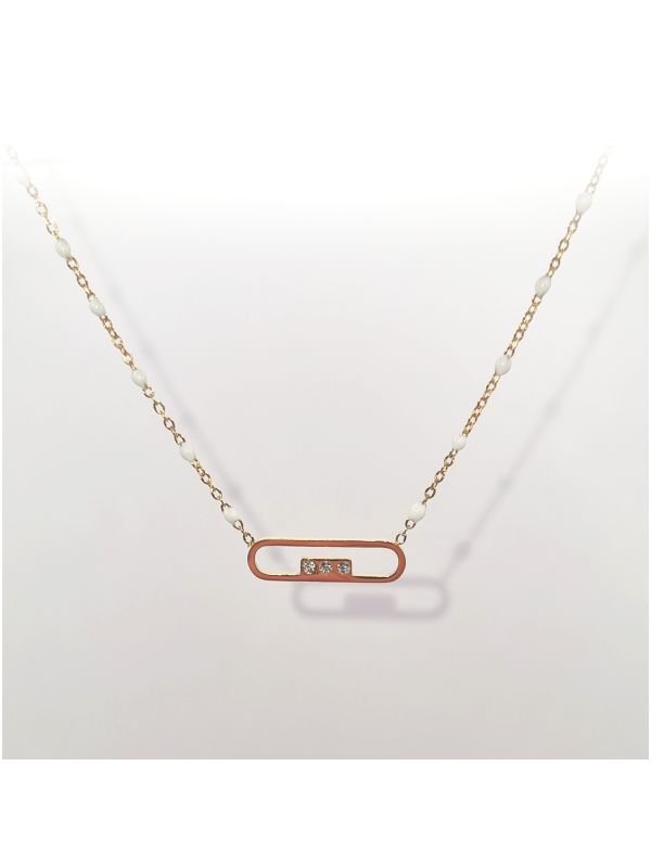 Collier en Acier Inoxydable Doré, Pendentif Rectangulaire à Bords Arrondis et 3 Zircons - Design Moderne et Élégant