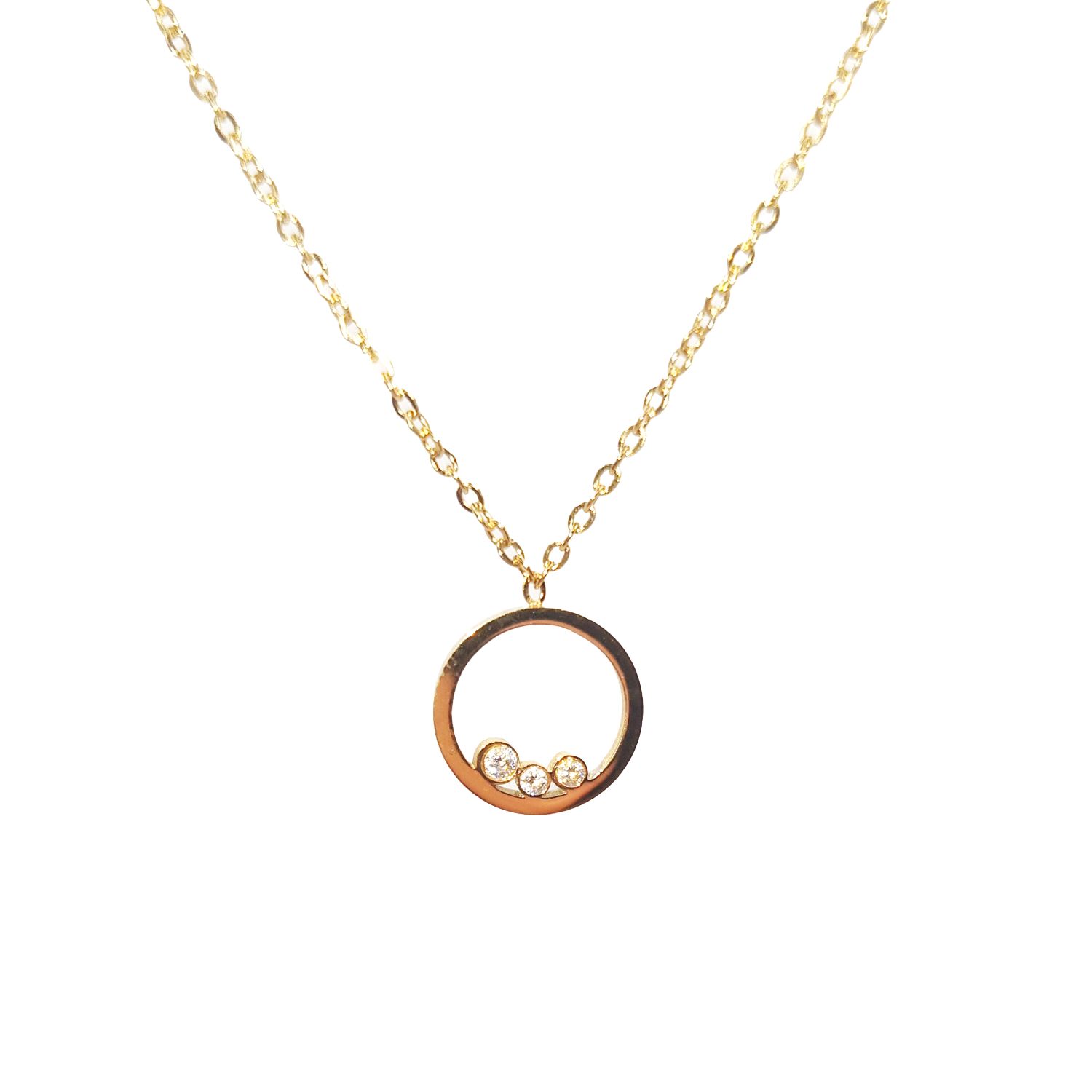 Collier en Acier Inoxydable Doré avec Cercle et Trois Zircons - Élégance Minimaliste