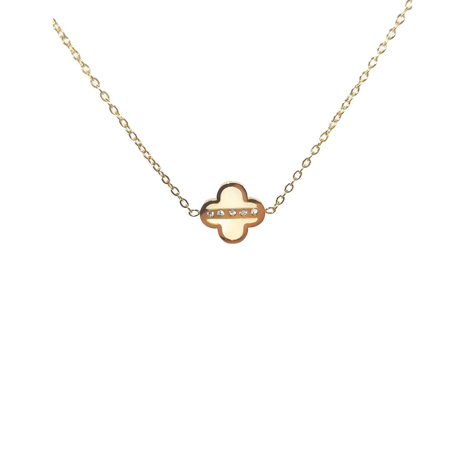 Collier en Acier Inoxydable Doré avec Trèfle Intérieur Nacré et Trois Zircons – Charme et Élégance