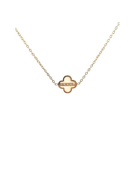 Collier en Acier Inoxydable Doré avec Trèfle Intérieur Nacré et Trois Zircons – Charme et Élégance