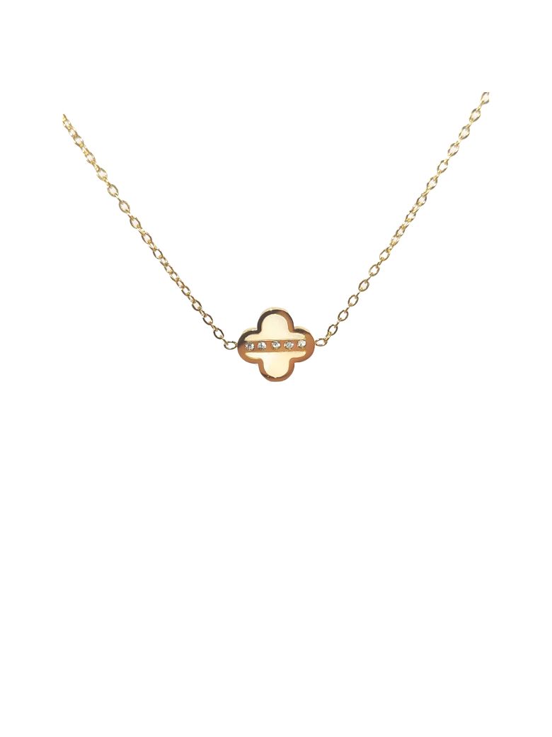 Collier en Acier Inoxydable Doré avec Trèfle Intérieur Nacré et Trois Zircons – Charme et Élégance