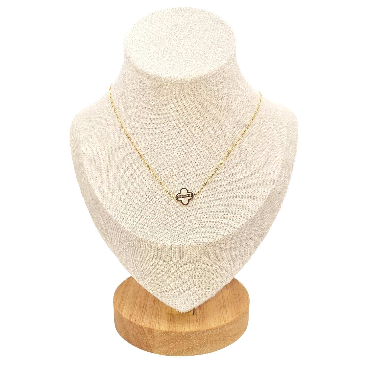 Collier en Acier Inoxydable Doré avec Trèfle Intérieur Nacré et Trois Zircons – Charme et Élégance