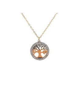 Collier en Acier Inoxydable Doré avec Anneau Sertie de Zircons et Pendentif Arbre de Vie