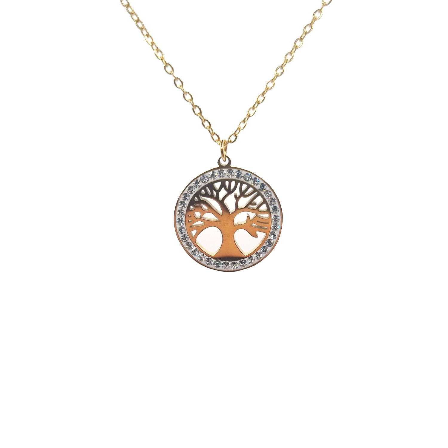 Collier en Acier Inoxydable Doré avec Anneau Sertie de Zircons et Pendentif Arbre de Vie