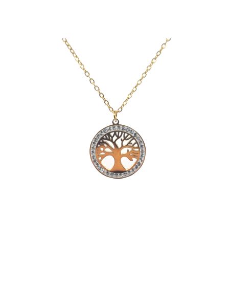 Collier en Acier Inoxydable Doré avec Anneau Sertie de Zircons et Pendentif Arbre de Vie