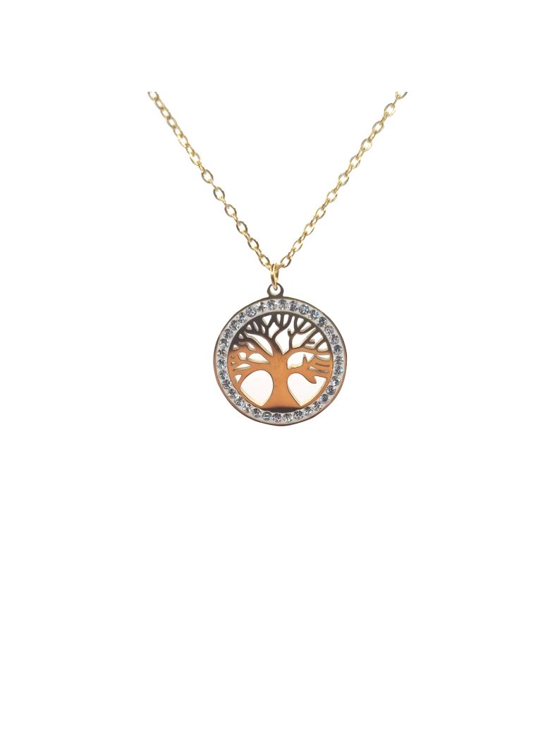 Collier en Acier Inoxydable Doré avec Anneau Sertie de Zircons et Pendentif Arbre de Vie