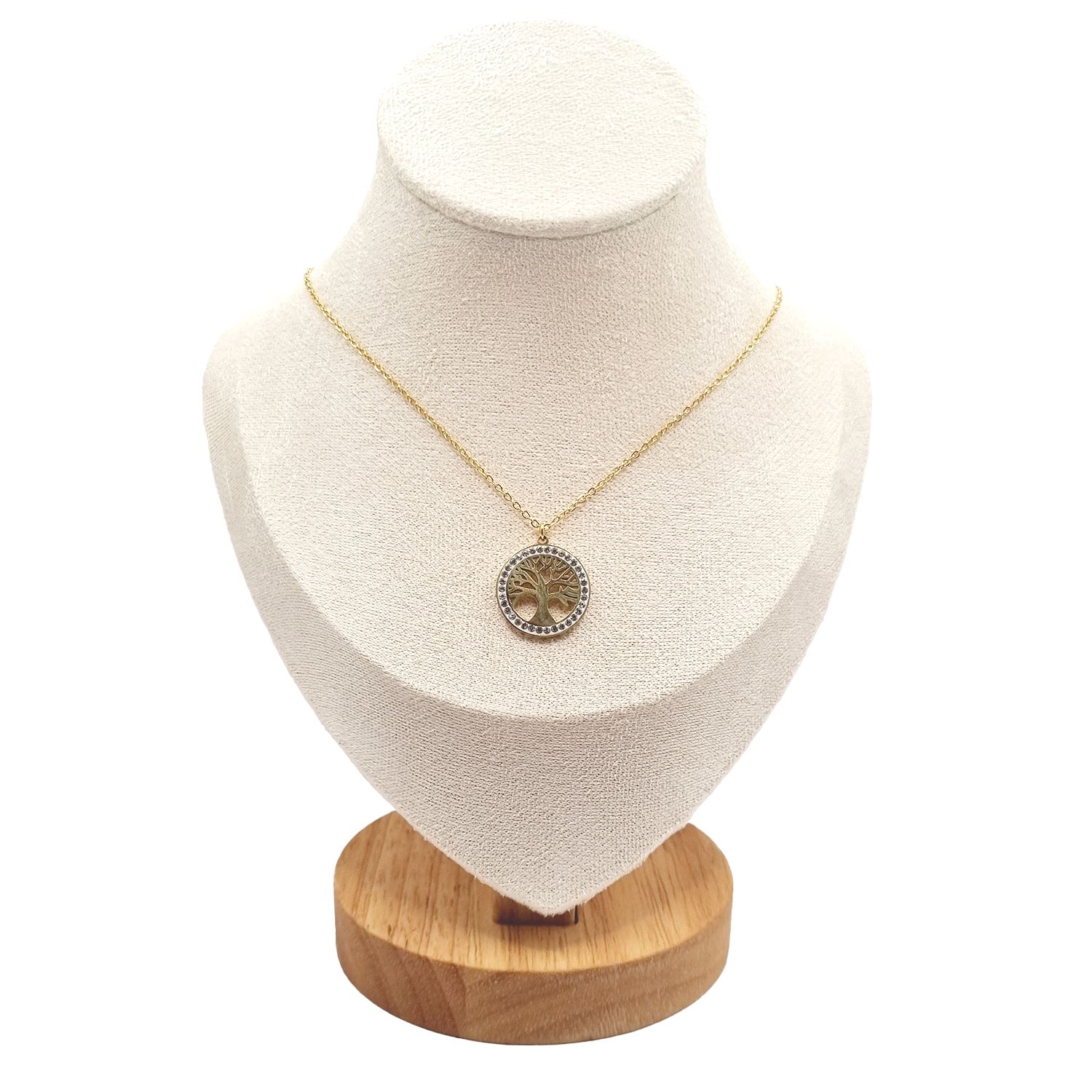 Collier en Acier Inoxydable Doré avec Anneau Sertie de Zircons et Pendentif Arbre de Vie