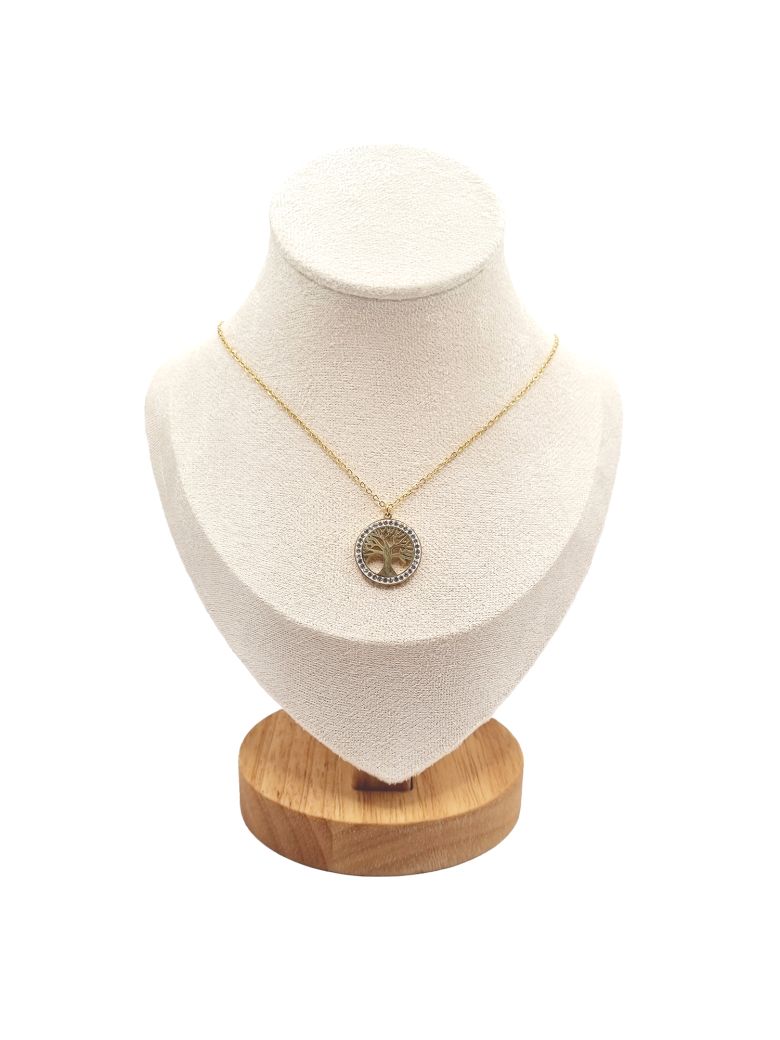 Collier en Acier Inoxydable Doré avec Anneau Sertie de Zircons et Pendentif Arbre de Vie