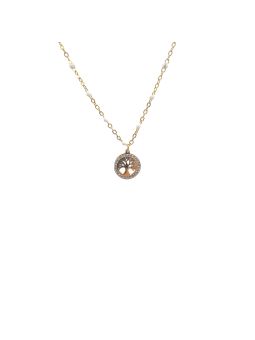 Collier en Acier Inoxydable Doré avec Anneau Sertie de Zircon Arbre de Vie et Perle Blanche – Symbole de Vie et d'Élégance