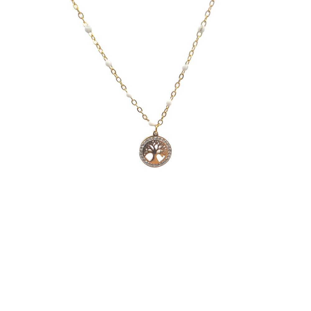Collier en Acier Inoxydable Doré avec Anneau Sertie de Zircon Arbre de Vie et Perle Blanche – Symbole de Vie et d'Élégance