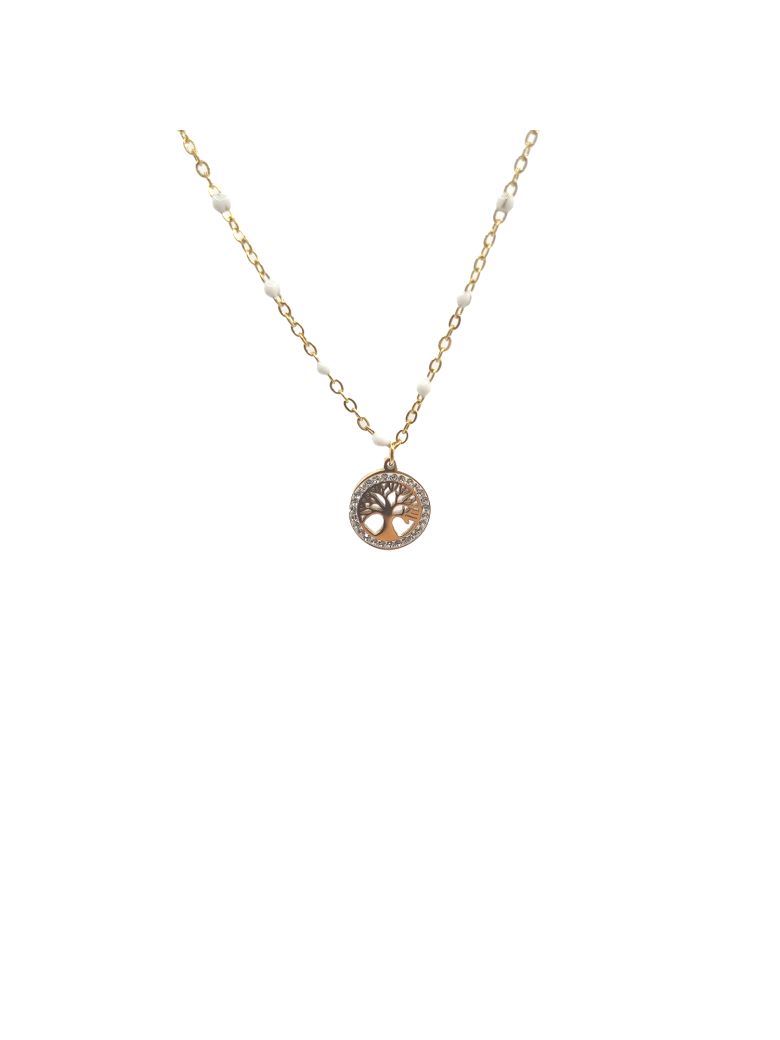 Collier en Acier Inoxydable Doré avec Anneau Sertie de Zircon Arbre de Vie et Perle Blanche – Symbole de Vie et d'Élégance