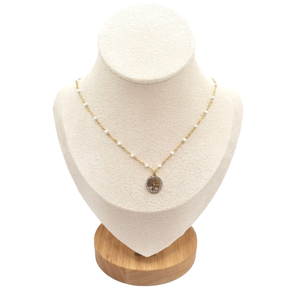 Collier en Acier Inoxydable Doré avec Anneau Sertie de Zircon Arbre de Vie et Perle Blanche – Symbole de Vie et d'Élégance