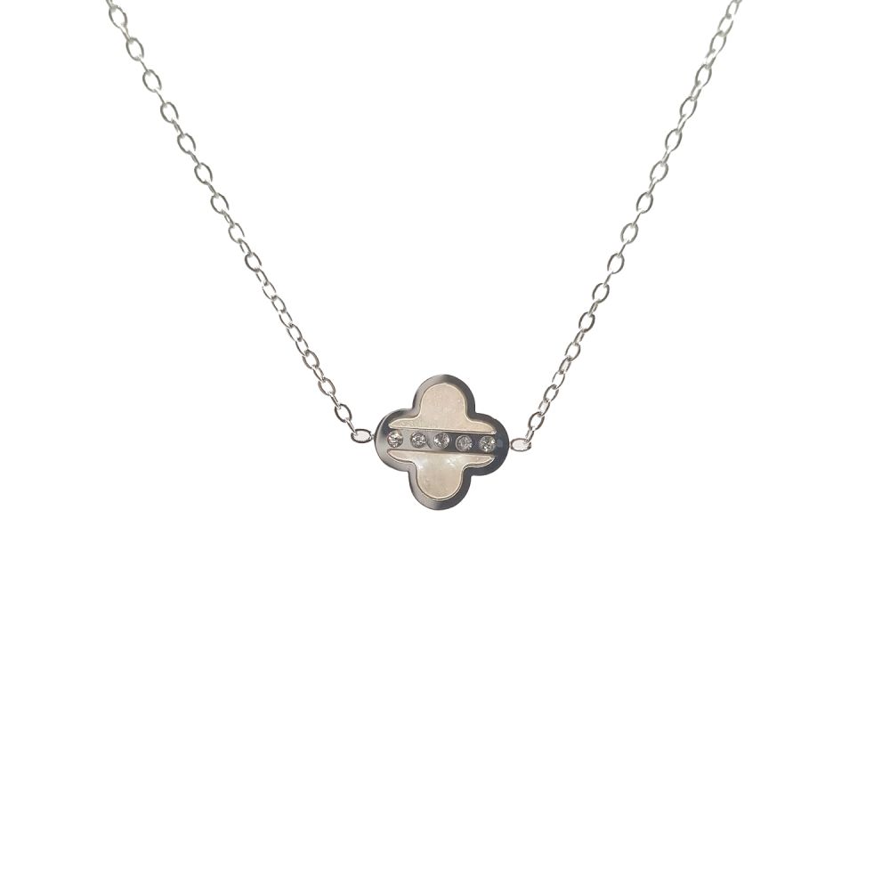 Collier en Acier Inoxydable Argenté avec Motifs Fleuraux Nacrés et 3 Zircons – Raffinement et Élégance Subtile
