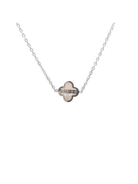 Collier en Acier Inoxydable Argenté avec Motifs Fleuraux Nacrés et 3 Zircons – Raffinement et Élégance Subtile