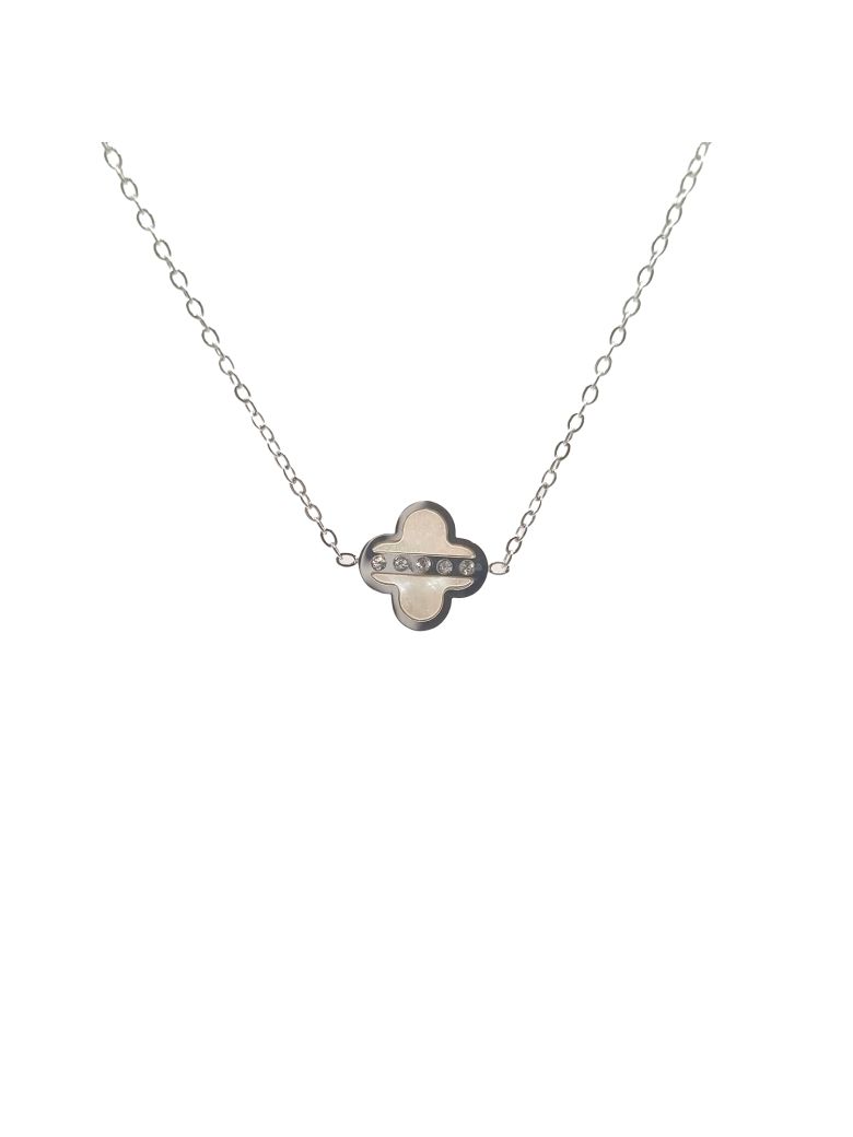 Collier en Acier Inoxydable Argenté avec Motifs Fleuraux Nacrés et 3 Zircons – Raffinement et Élégance Subtile