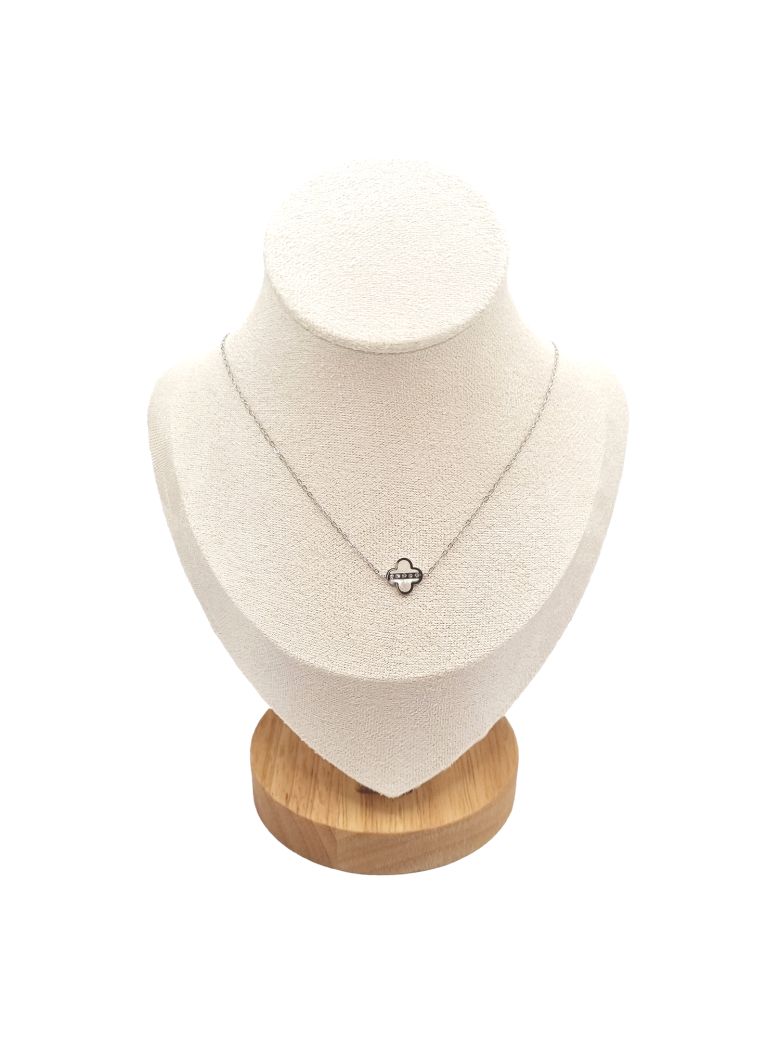 Collier en Acier Inoxydable Argenté avec Motifs Fleuraux Nacrés et 3 Zircons – Raffinement et Élégance Subtile