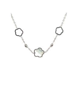Collier en Acier Inoxydable Argenté avec Motifs Fleur Nacrés – Élégance Naturelle et Moderne