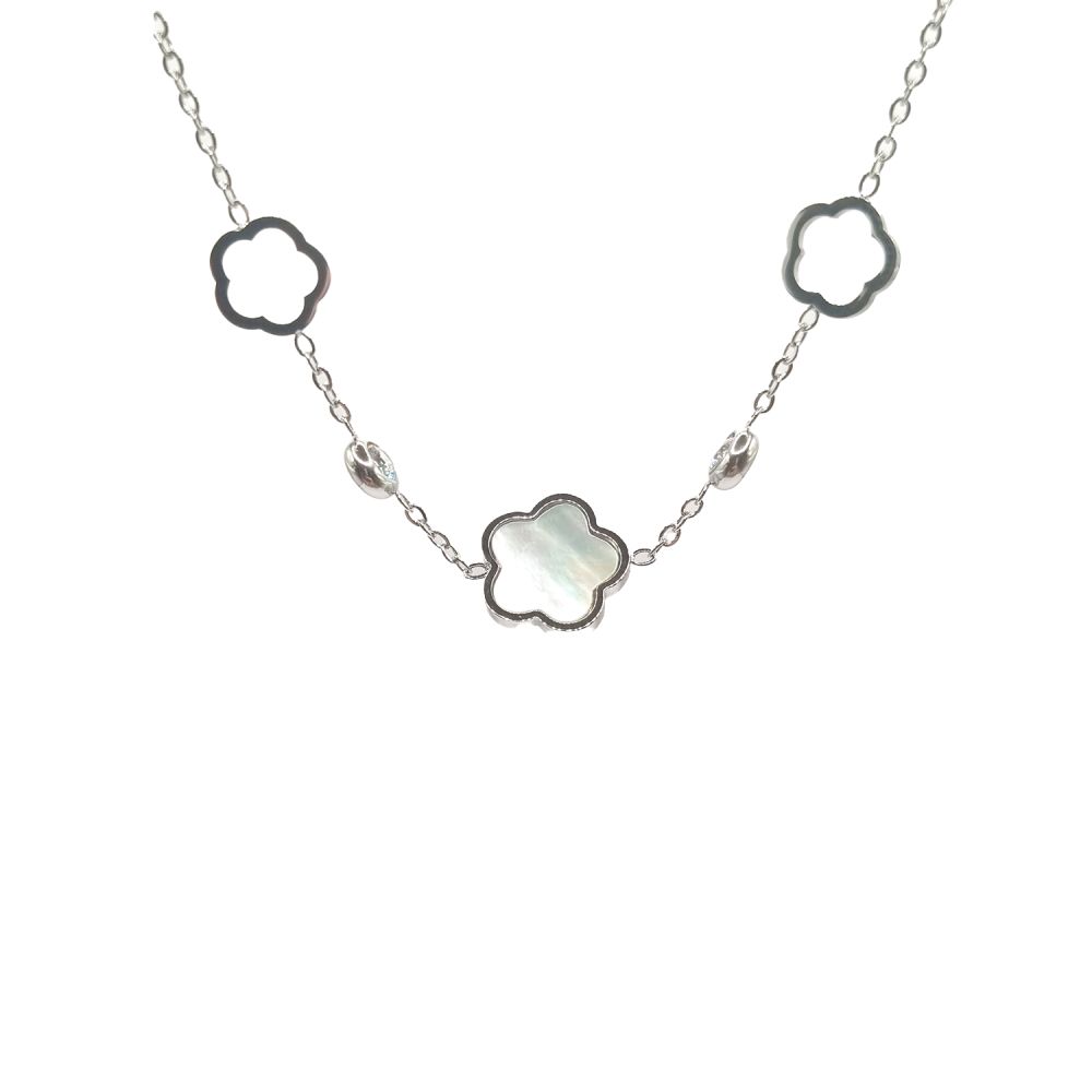 Collier en Acier Inoxydable Argenté avec Motifs Fleur Nacrés – Élégance Naturelle et Moderne