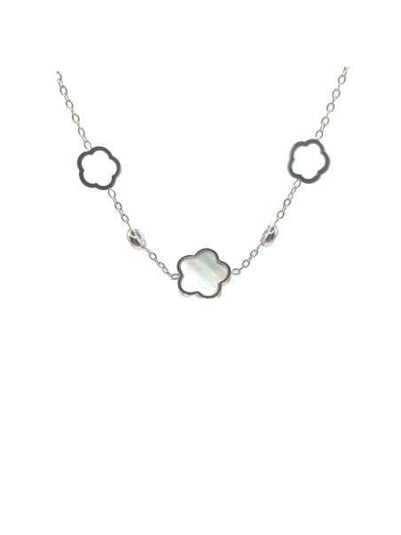Collier en Acier Inoxydable Argenté avec Motifs Fleur Nacrés – Élégance Naturelle et Moderne