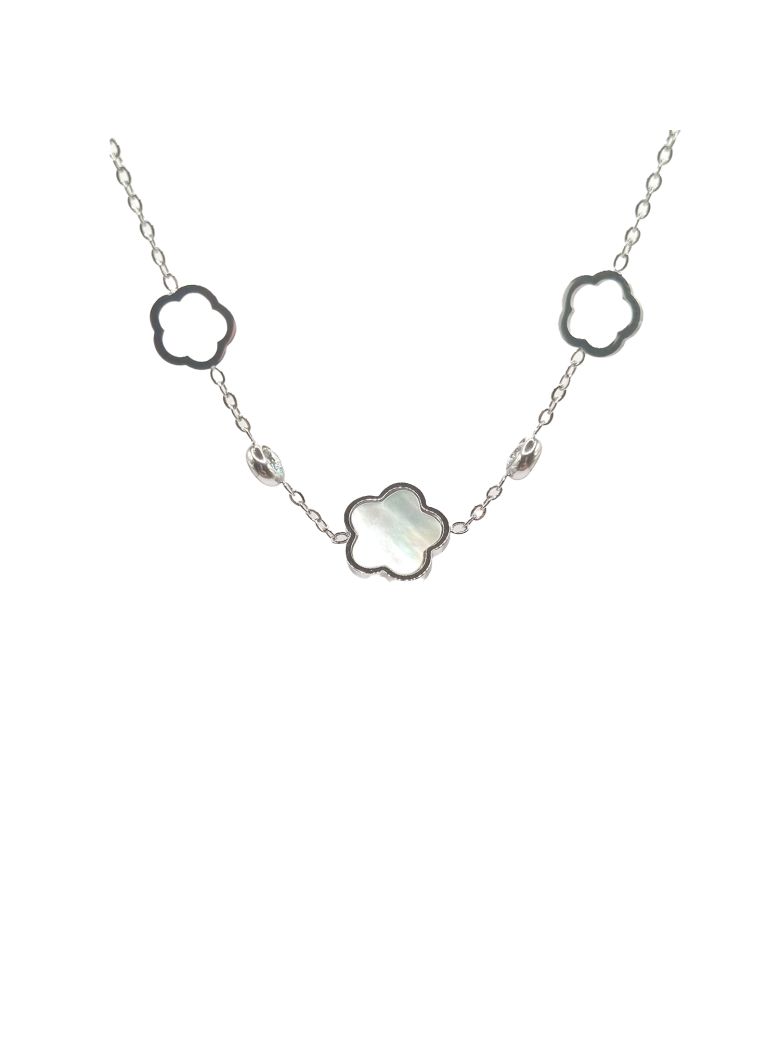 Collier en Acier Inoxydable Argenté avec Motifs Fleur Nacrés – Élégance Naturelle et Moderne