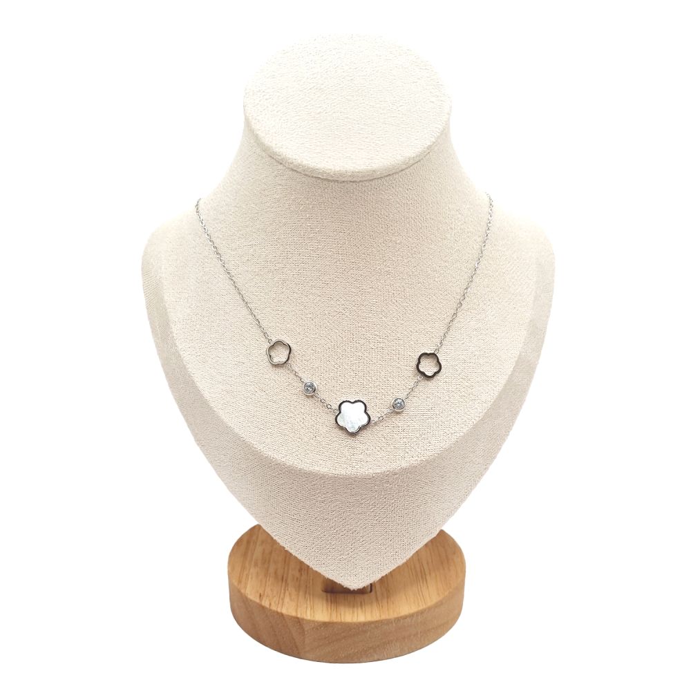 Collier en Acier Inoxydable Argenté avec Motifs Fleur Nacrés – Élégance Naturelle et Moderne