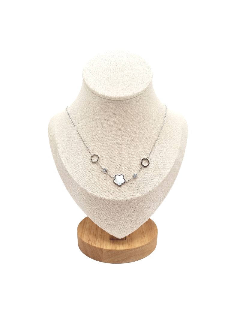 Collier en Acier Inoxydable Argenté avec Motifs Fleur Nacrés – Élégance Naturelle et Moderne