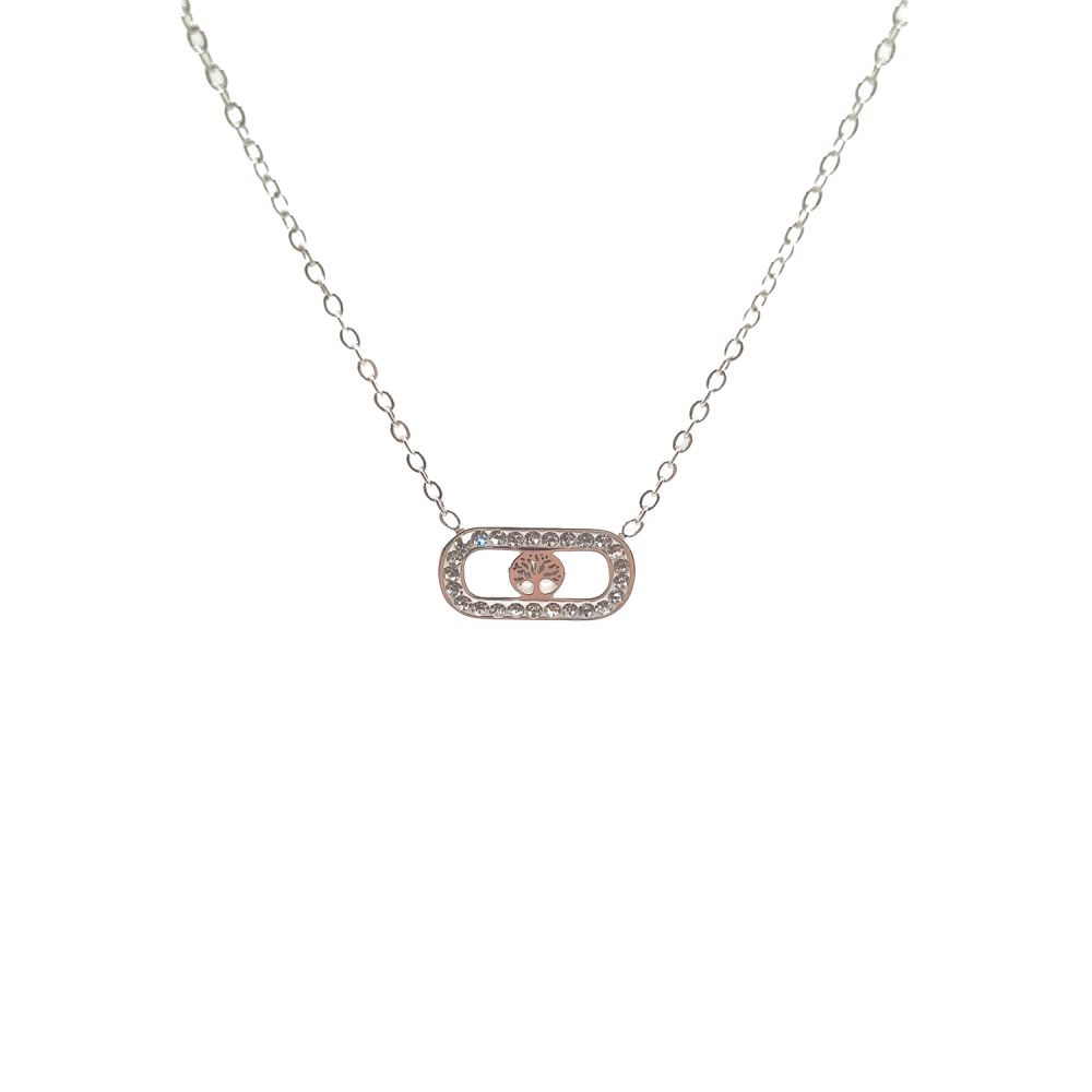 Collier en Acier Inoxydable Argenté avec Pendentif Rectangulaire Incrusté de Zircon et Arbre de Vie – Harmonie et Éclat