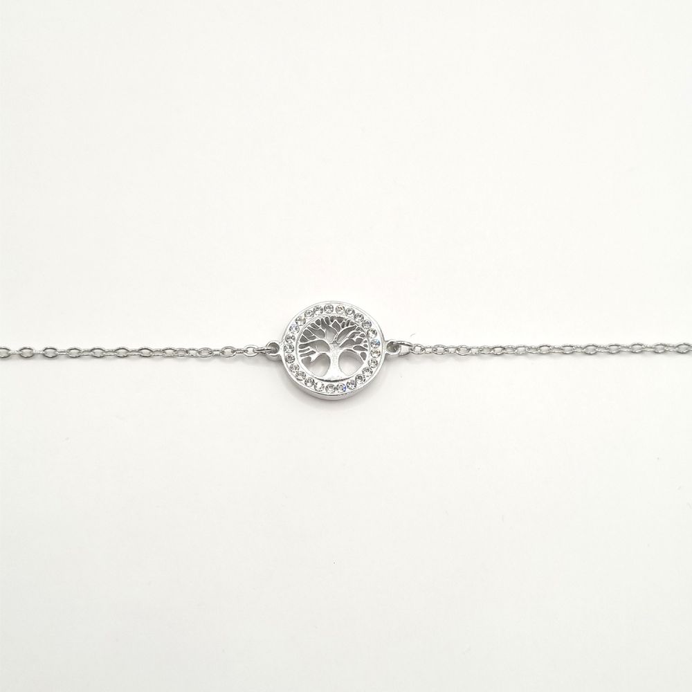 Bracelet Chaîne en Acier Inoxydable Argenté avec Anneau Incrusté de Zircons et Arbre de Vie – Harmonie et Éclat Spirituel