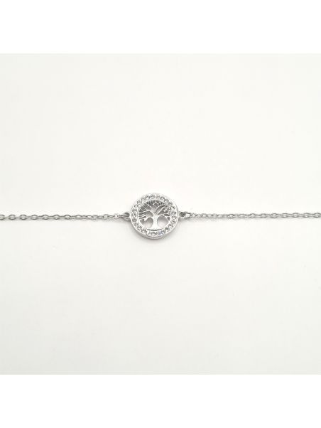 Bracelet Chaîne en Acier Inoxydable Argenté avec Anneau Incrusté de Zircons et Arbre de Vie – Harmonie et Éclat Spirituel