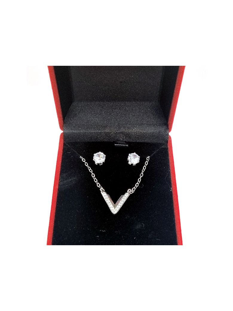 Parure en Acier Inoxydable Argenté avec Pendentif en V Serti de Zircons et Clou Solitaire en Zircon – Élégance et Modernité