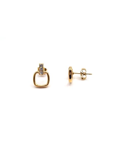 Boucles d’Oreilles en Acier Inoxydable Doré avec Carré Ajouré et Zircons – Élégance et Modernité