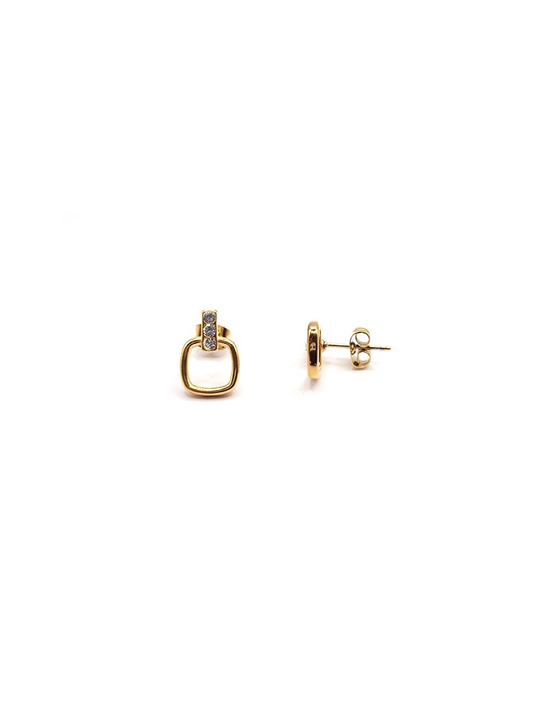 Boucles d’Oreilles en Acier Inoxydable Doré avec Carré Ajouré et Zircons – Élégance et Modernité