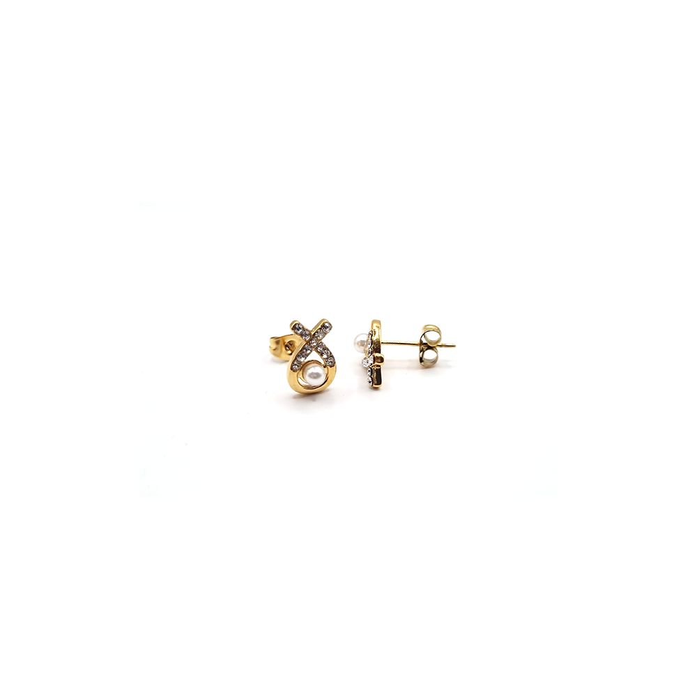 Boucles d’Oreilles en Acier Inoxydable Doré Nœud avec Perle et Zircons – Élégance Raffinée