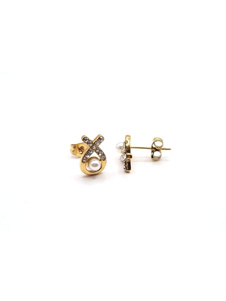 Boucles d’Oreilles en Acier Inoxydable Doré Nœud avec Perle et Zircons – Élégance Raffinée