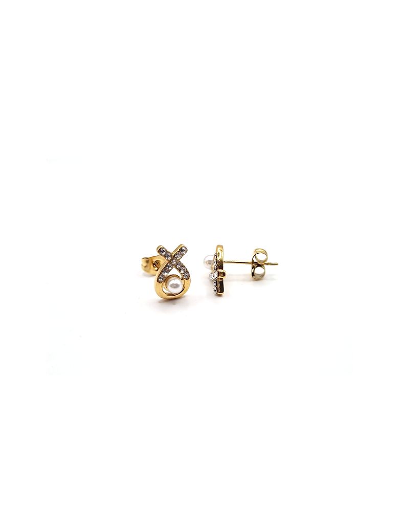 Boucles d’Oreilles en Acier Inoxydable Doré Nœud avec Perle et Zircons – Élégance Raffinée