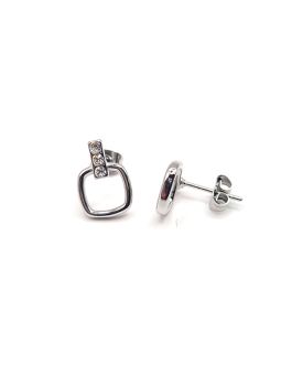 Boucles d’Oreilles en Acier Inoxydable Argenté avec Carré Ajouré et Zircons – Style Minimaliste et Élégant