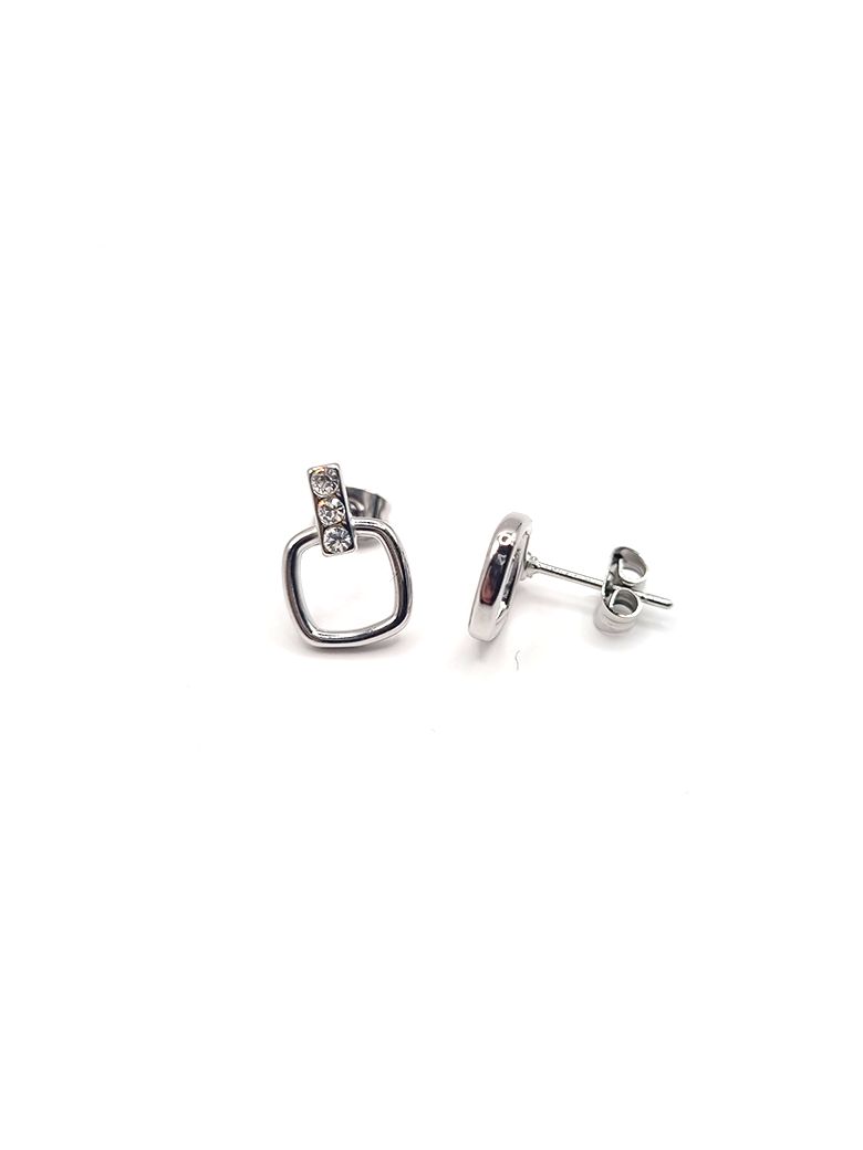 Boucles d’Oreilles en Acier Inoxydable Argenté avec Carré Ajouré et Zircons – Style Minimaliste et Élégant